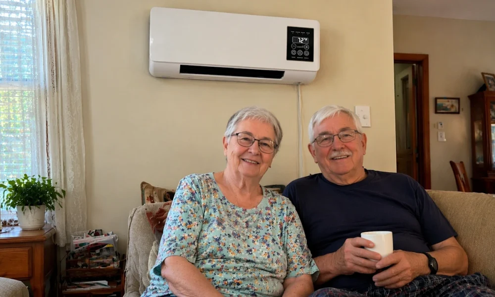 Un couple de seniors dans le salon, avec le Coolizi au mur