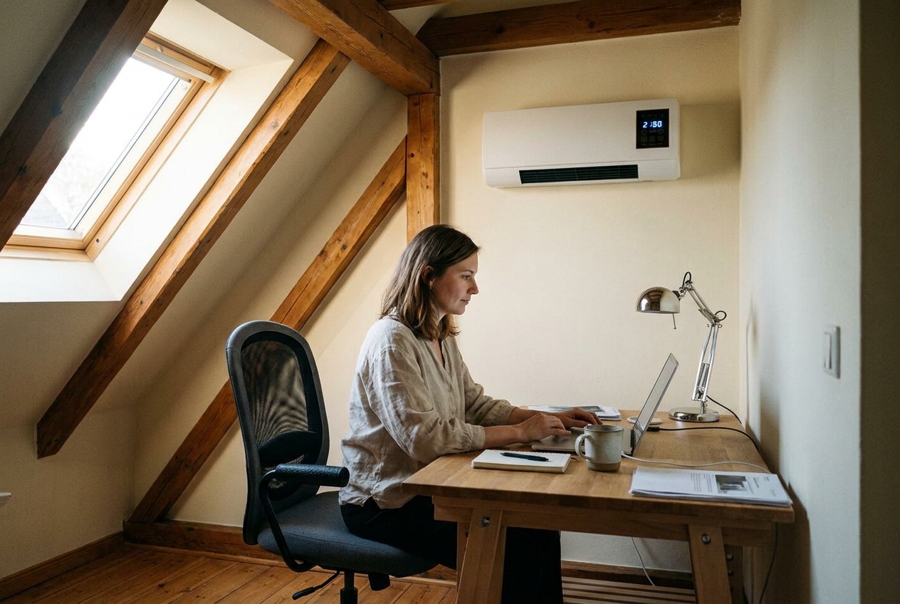 Le Coolizi dans le bureau sous les combles d'Anna — travailler à 24 °C alors qu'il fait 33 °C dehors